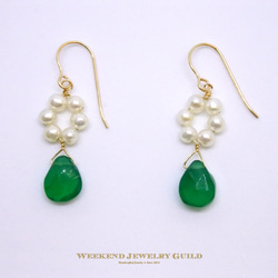 [14KGF]綠色瑪瑙和淡水珍珠鉤形耳環WJG_P046 第1張的照片