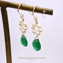 [14KGF]綠色瑪瑙和淡水珍珠鉤形耳環WJG_P046 第2張的照片