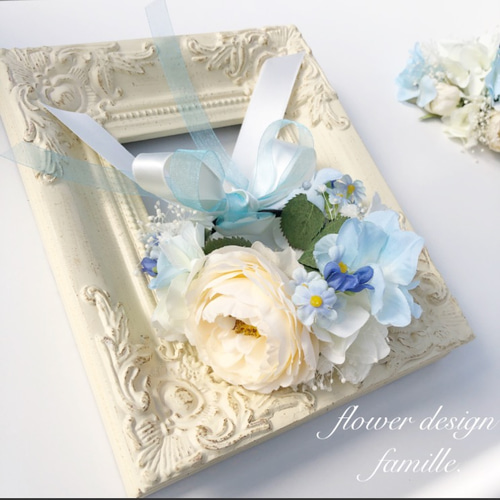 【美品】ウェディング　ブーケ&ブートニア&花冠&リストバンド　4点セット ホワイト&ブルーの爽やかウェディング♡ブーケ&ブートニア&花冠&リスト