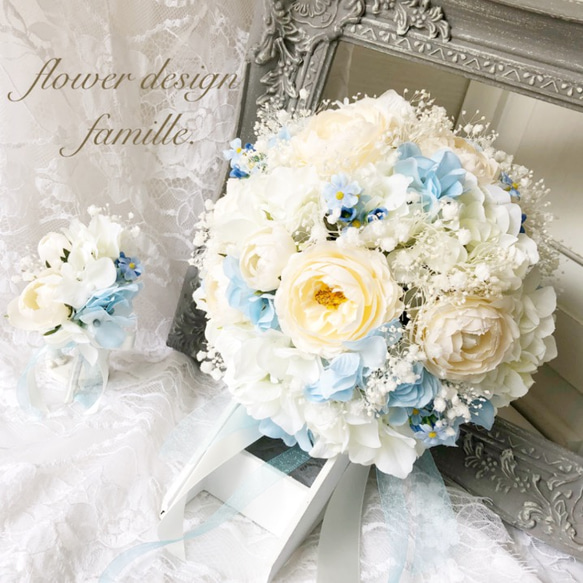 ホワイト&ブルーの爽やかウェディング♡ブーケ&ブートニア&専用 ホワイト&ブルーの爽やかウェディング♡ブーケ&ブートニア&専用