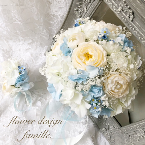 ホワイト&ブルーの爽やかウェディング♡ブーケ&ブートニア&専用BOX3点