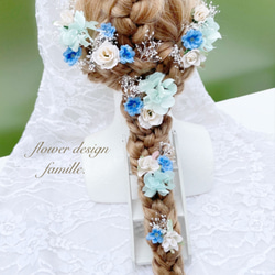 073.ふんわりブルー紫陽花と小花のヘッドドレス・バラ/髪飾り/かすみ草