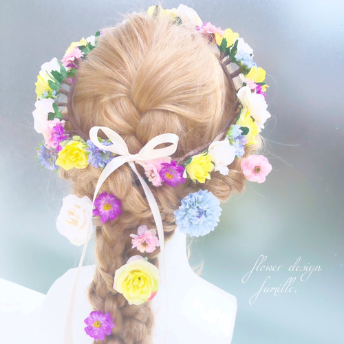 カラフルガーベラの編みおろしヘア用ヘッドドレス♡ラプンツェルヘア/結婚式 華やか ✧ カラフル ガーベラ 髪飾り ｜ 編みおろし