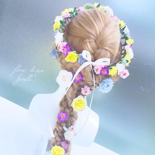 カラフルガーベラの編みおろしヘア用ヘッドドレス♡ラプンツェルヘア/結婚式 003.カラフルガーベラの編みおろしヘア用ヘッドドレス