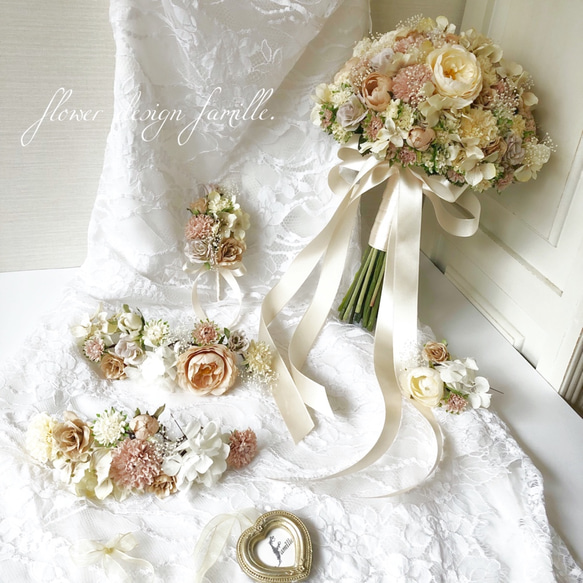 【さき】ウェディングブーケ&ブートニア　ドライフラワー2点セット　結婚式 ドライフラワー】ウェディングブーケ&ブートニア 【結婚式