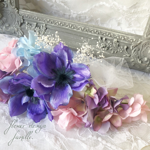 アネモネと紫陽花がメインのヘッドドレス・チュール/プリザーブドフラワーかすみ草 3枚目の画像
