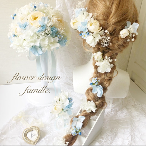 ウェディングブーケ ブートニア ヘッドドレス 3点セット ブルー  