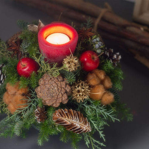 モミの木を使ったグリーンキャンドルアレンジ キャンドル・キャンドル