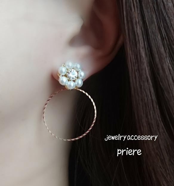 ☆珍珠花金屬環2way（穿孔耳環、耳環、鈦金耳環） 第1張的照片