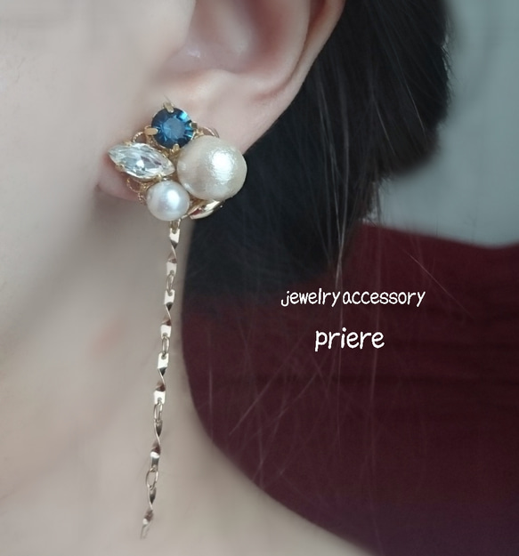 棉花珍珠水晶珠寶2WAY（蒙大拿州）（耳環，耳釘，耳環鈦） 第1張的照片