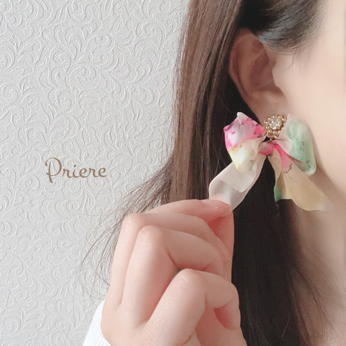 花柄シフォンりぼんキャッチ2way（ピンク）(ピアス・イヤリング 