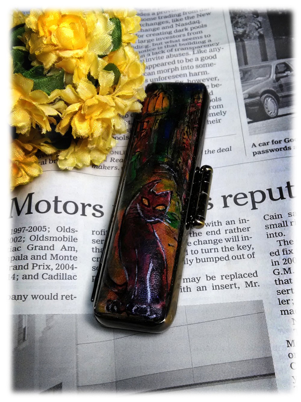 【手描き一点物】印鑑ケ－ス　太さ12㎜×長さ60㎜（認印・銀行印）用　【街角ネコ】　はんこ　印鑑