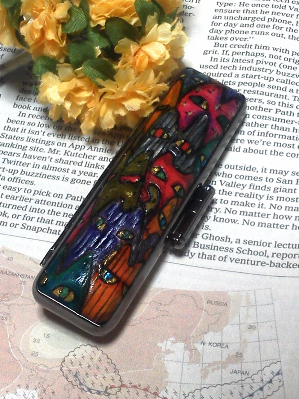 【手描き一点物】印鑑ケ－ス　太さ12㎜×長さ60㎜（認印・銀行印）用　【群猫②】　はんこ　印鑑