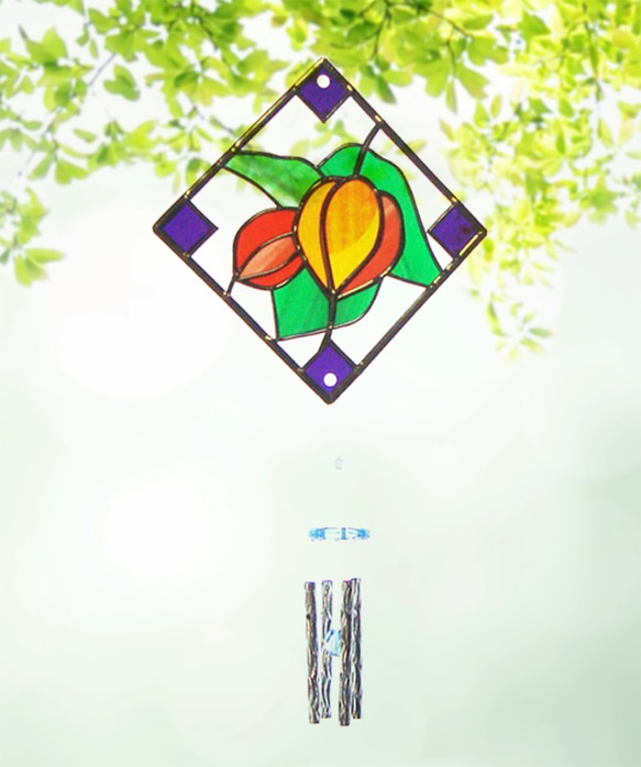 《光の風鈴》ほおずき　ステンドグラス風鬼灯のウィンドチャイム　壁飾り（受注生産） 1枚目の画像