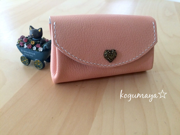ふっくら柔らか淡いピンクの本革アコーディオンポーチ/レザー ミニ財布  