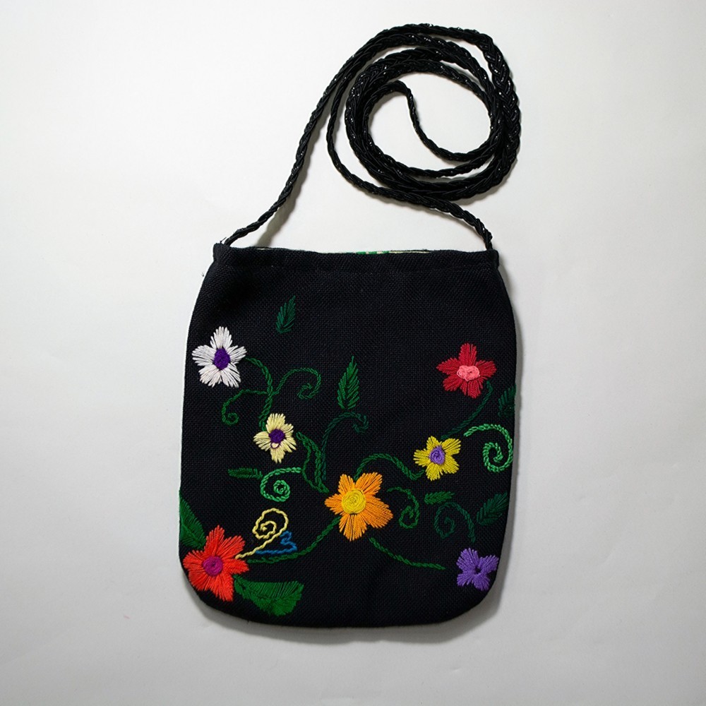 ラオス製 ハンドメイド 青 布製 ハンドバッグ 円形模様の刺繍 ラオスから花模様の刺繍ポシェット（20LEP06） その他バッグ
