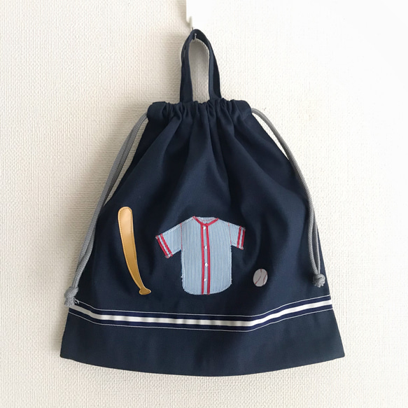 ◉野球モチーフアップリケ　帆布のレッスンバッグ、体操着袋、上履き袋3点セット◉ベースボール ネイビー 4枚目の画像
