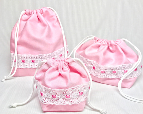 お弁当袋&コップ袋セット マカロン ピンク×ピンク お弁当袋＆コップ袋 マカロン☆ピンク・パステルカラー 弁当袋