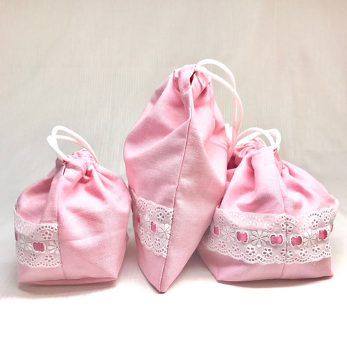 【T-ポイント5倍】 プリンセスセットA◎ピンクリボン×レース◎コップ袋&お弁当袋 手提げ・レッスンバッグ・入園グッズ
