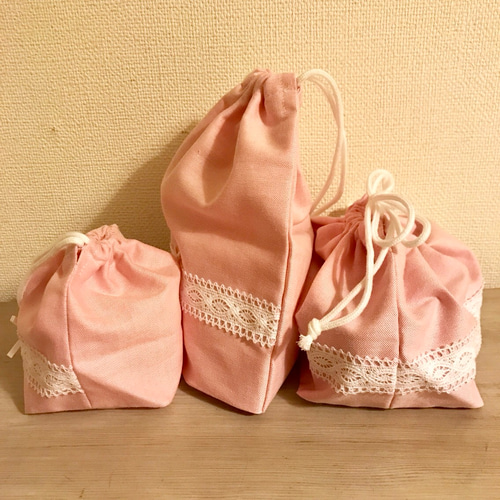 プリンセスセットB◎ピンク×レースリボン◎コップ袋&お弁当袋