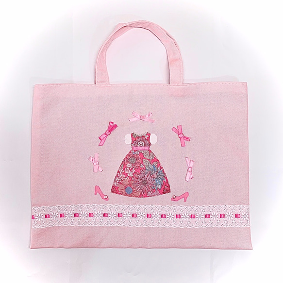 ○ピンクのお姫様○レッスンバッグと操着袋2点セット リボン フラワー ハイヒール プリンセスセット 2枚目の画像