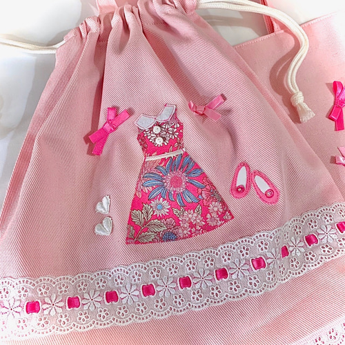 ○ピンクのお姫様○レッスンバッグと操着袋2点セット リボン フラワー