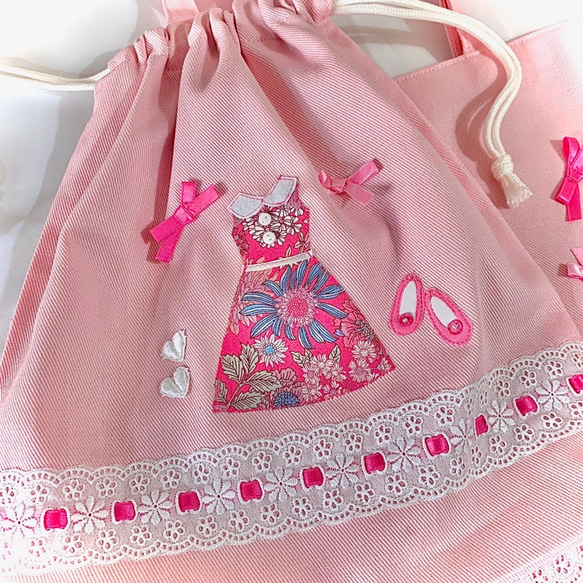 ○ピンクのお姫様○レッスンバッグと操着袋2点セット リボン フラワー ハイヒール プリンセスセット 5枚目の画像