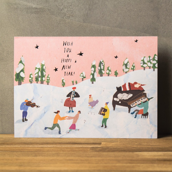 《冬の雪道の子供達》箔押し クリスマス/新年-カード 2枚目の画像
