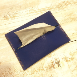 本革　ポケットティッシュケース　ブルー 3枚目の画像