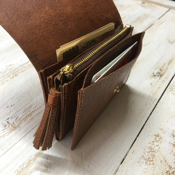 可愛い　コンパクト財布　アコーデオン　大容量　ブラウン　ミニ財布　タッセル 5枚目の画像