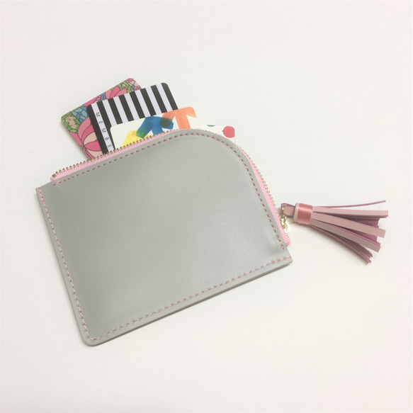 コンパクト財布とマルチケースのセットです。　牛革　バイカラー　グレー/ピンク 4枚目の画像