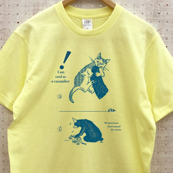 猫と熊 Ｔシャツ レモンイエロー（インク：紺） 1枚目の画像