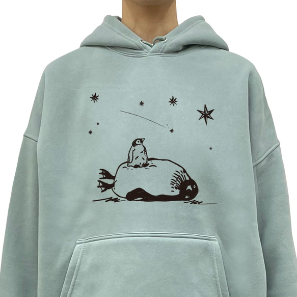 星見る ペンギン 裏起毛 パーカー ビッグシルエット スモーキー