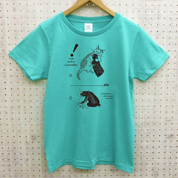 猫と熊 半袖Tシャツ（ミント）S 3枚目の画像