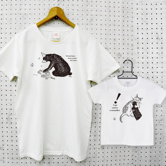 親子Tシャツセット  猫と熊（キッズTは白・黄色選べます） リンクコーデ2020 2枚目の画像