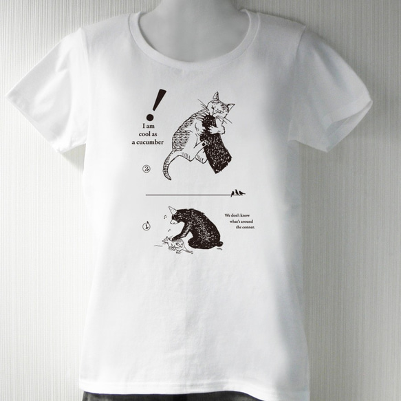 猫と熊 白 Tシャツ（インク：黒） 2枚目の画像