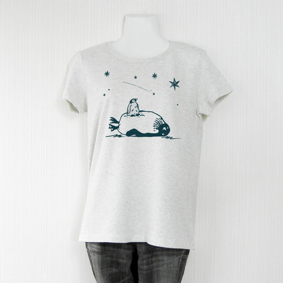 星見るペンギンTシャツ　オートミール（インク紺） 2枚目の画像