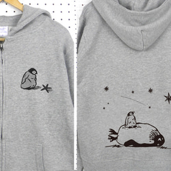 星見るペンギン ジップパーカー 杢グレー メンズ レディース ユニセックス コットン 綿 長袖 トップス 冬 1枚目の画像