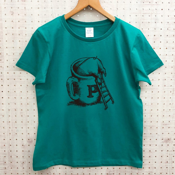 ぶたカフェＴシャツ アップルグリーン（インク：黒）メンズM 2枚目の画像