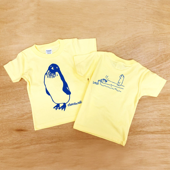 キッズ 無敵ペンギン 黄色Tシャツ （インク色選べます） 1枚目の画像