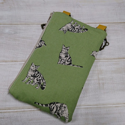 グリーン手描き風の猫の携帯電話用ポケット/ハッチバックパケット 5枚目の画像