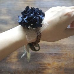 hair tie 【 布花ヘアゴム ＊ hydrangea ＆ ribbon ... navy 】 5枚目の画像