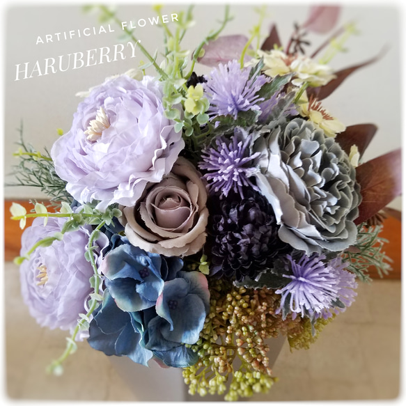 シャビーシック&ナチュラルBouquet～ラナンキュラス×ローズ×銅葉 BLUE/GRAY ギフト 母の日 4枚目の画像