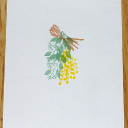実付きユーカリの小枝、ミモザの花、麻のリボンのはんこ 3枚目の画像