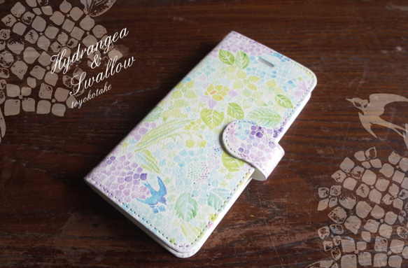 【受注生産】紫陽花とツバメの【iphone6/6s】手帳型ケース 2枚目の画像