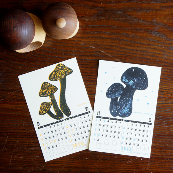 きのこ切り絵のレトロ印刷カレンダー2015postcardサイズ 4枚目の画像