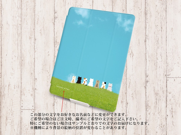 【ほのぼのにゃんこ（草原）】手帳型iPadケース【バックカバー：ソフトタイプ】（片面印刷/カメラ穴あり/はめ込みタイプ） 3枚目の画像