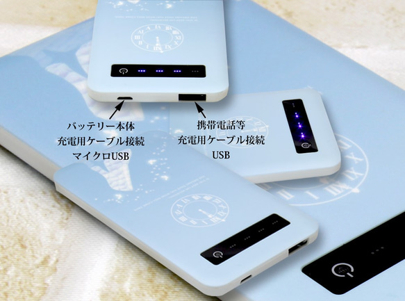 モバイルバッテリー電池残量表示あり（蓄電用コード付き）【Blue Sky〔飛行機雲〕】名入れ可 3枚目の画像