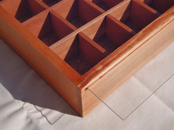 透明天板付☆木製標本箱20マス仕切りチークカラー約31cm×22cm×6.5cm ボックス[cbx-160319-01] 3枚目の画像