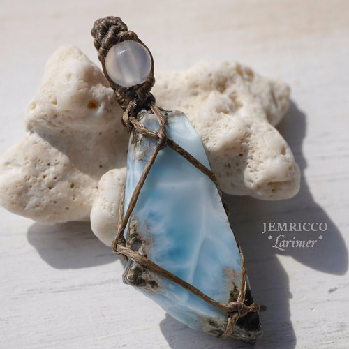 ドミニカ産 ラリマー 羽 マクラメネックレス